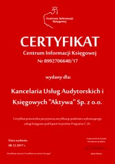 Certyfikat C.I.K. AKTYWA Sp. z o.o.