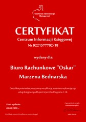 Certyfikat C.I.K.  Biuro Rachunkowe "Oskar" Marzena Bednarska