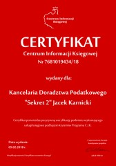 Certyfikat C.I.K. Kancelaria Doradztwa Podatkowego "Sekret 2"