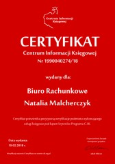 Certyfikat C.I.K.  Biuro Rachunkowe Natalia Malcherczyk