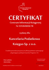 Certyfikat C.I.K. Kancelaria Podatkowa Księgus Sp. z o.o.