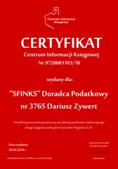 Certyfikat C.I.K.  "SFINKS" Doradca Podatkowy nr 3765 Dariusz Zywert
