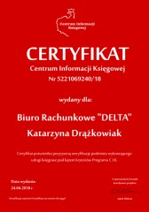 Certyfikat C.I.K.  Biuro Rachunkowe "DELTA" Katarzyna Drążkowiak