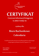 Certyfikat C.I.K. Biuro Rachunkowe Calendaria
