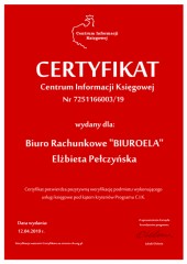 Certyfikat C.I.K.  Biuro Rachunkowe "BIUROELA" Elżbieta Pełczyńska