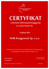 Certyfikat C.I.K. AMK Księgowość Sp. z o.o.