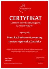 Certyfikat C.I.K. Biuro Rachunkowe Accounting services Agnieszka Zarańska