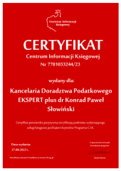 Certyfikat C.I.K. Kancelaria Doradztwa Podatkowego EKSPERT plus dr Konrad Paweł Słowiński