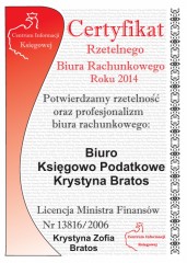 Biuro Księgowe Krystyna Bratos Certyfikat CIK