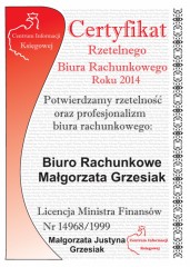 Biuro Rachunkowe Małgorzata Grzesiak Certyfikat CIK