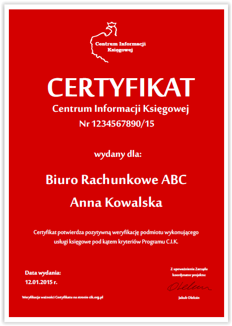 Certyfikat C.I.K. dla biur rachunkowych