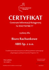 Certyfikat C.I.K. Biuro Rachunkowe ABIS Sp. z o.o.