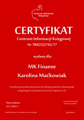 Certyfikat C.I.K. MK Finanse Karolina Maćkowiak