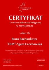Certyfikat C.I.K. Biuro Rachunkowe "DIM" Agata Czechowska