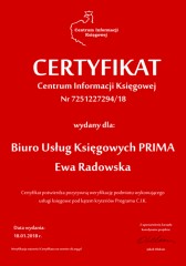 Certyfikat C.I.K. Biuro Usług Księgowych PRIMA Ewa Radowska