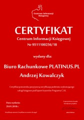 Certyfikat C.I.K. Biuro Rachunkowe PLATINUS.PL Andrzej Kowalczyk
