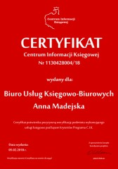 Certyfikat C.I.K. Biuro Usług Księgowo-Biurowych Anna Madejska