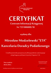 Certyfikat C.I.K. Mirosław Modzelewski "ETA" Kancelaria Doradcy