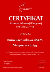 Certyfikat C.I.K.  Biuro Rachunkowe M&M Małgorzata Szlęg