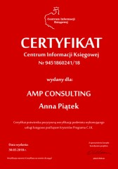 Certyfikat C.I.K. AMP CONSULTING Anna Piątek