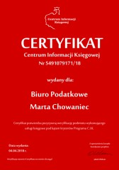 Certyfikat C.I.K. Biuro Podatkowe Marta Chowaniec