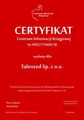 Certyfikat C.I.K. Talented Sp. z o.o.