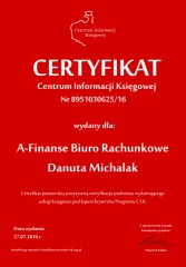 Certyfikat C.I.K. A-Finanse Biuro Rachunkowe Danuta Michalak