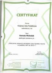 Certyfikat Krajowa Izba Podatkowa Danuta Michalak