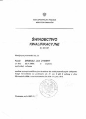 Świadectwo Kwalifikacyjne MF 6511/1997 Dariusz Jan Zywert