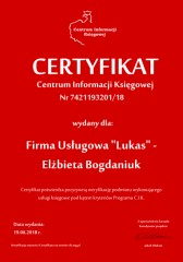 Certyfikat C.I.K. Firma Usługowa "Lukas" - Elżbieta Bogdaniuk