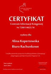 Certyfikat C.I.K.  Alina Kopertowska Biuro Rachunkowe