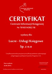 Certyfikat C.I.K. Lucre - Usługi Księgowe Sp. z o.o