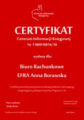 Certyfikat C.I.K. Biuro Rachunkowe EFRA Anna Borawska