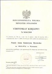 Certyfikat Księgowy MF 36363/2010 Anna Katarzyna Borawska