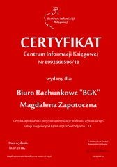 Certyfikat C.I.K. Biuro Rachunkowe "BGK" Magdalena Zapotoczna