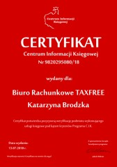 Certyfikat C.I.K. Biuro Rachunkowe TAXFREE Katarzyna Brodzka