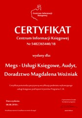 Certyfikat C.I.K. Megs - Usługi Księgowe, Audyt, Doradztwo Magdalena Woźniak