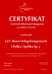 Certyfikat C.I.K. I.J.P. Biuro Usług Księgowych I.Pałka i Spółka Sp. j.