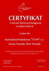 Certyfikat C.I.K. Kancelaria Podatkowa "TO-PS" s.c. Iwona Tontała, Piotr Tontała