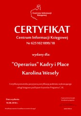 Certyfikat C.I.K. "Operarius" Kadry i Płace Karolina Wesely