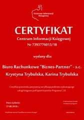 Certyfikat C.I.K.  Biuro Rachunkowe "Biznes-Partner" - s.c. Krystyna Trybulska, Karina Trybulska