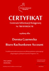 Certyfikat C.I.K. Dorota Czarnecka Biuro Rachunkowe Account