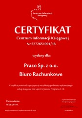 Certyfikat C.I.K. Prazo Sp. z o.o. Biuro Rachunkowe