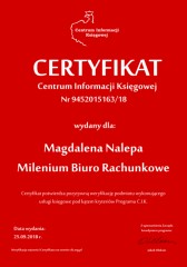 Certyfikat C.I.K. Magdalena Nalepa Milenium Biuro Rachunkowe