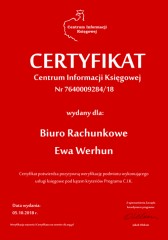Certyfikat C.I.K. Biuro Rachunkowe Ewa Werhun