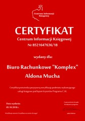 Certyfikat C.I.K. Biuro Rachunkowe "Komplex" Aldona Mucha