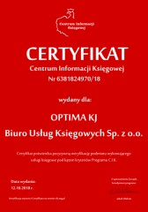 Certyfikat C.I.K. OPTIMA KJ Biuro Usług Księgowych Sp. z o.o.
