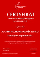 Certyfikat C.I.K. ALASTIR RACHUNKOWOŚĆ & NGO Katarzyna Bajraszewska