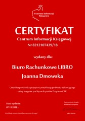 Certyfikat C.I.K. Biuro Rachunkowe LIBRO Joanna Dmowska