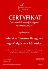 Certyfikat C.I.K.  Lubuskie Centrum Księgowe mgr Małgorzata Różańska